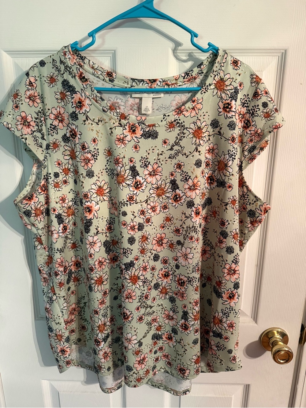 Floral Scoop-Neck Cap Sleeve Blouse in Light Green